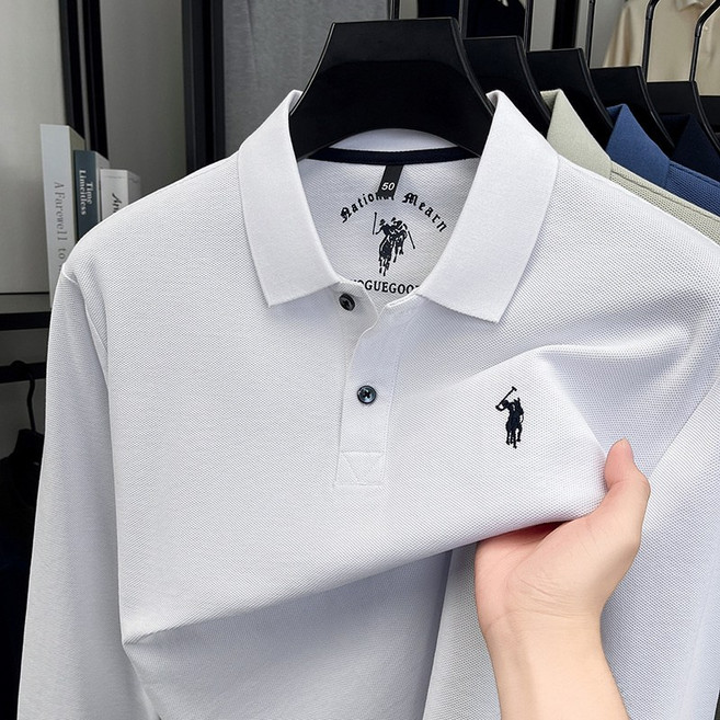 保羅刺繡100%純棉polo衫長袖男高級感翻領休閒秋季中年男士polo衫