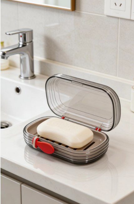 [고급 여행용] 휴대용 방수 비누케이스 | 이중 배수구조로 비누가 물러지지 않아요 | 투명 디자인, 1개, 밝은 회색