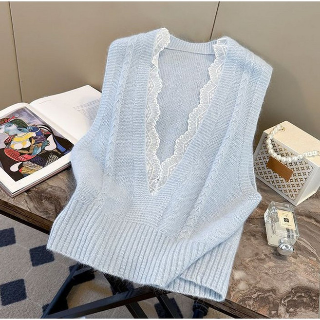 여성용 패션 레이어드 니트 조끼 봄가을 캐주얼 트렌드 니트 뷔스티 상의 코디 레이스 브이넥 민소매 베스트 YHY