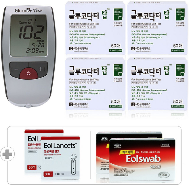 글루코닥터 탑 혈당계 풀세트(측정기+시험지 200매+침 200개+솜 200매), 1세트, AGM-4100