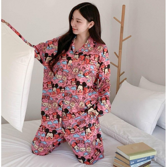 예스 미키 미니 커플 잠옷 세트 여성 남성 디즈니 미키마우스 미니마우스 캐릭터 스판 빅사이즈 파자마 홈웨어 커플 잠옷