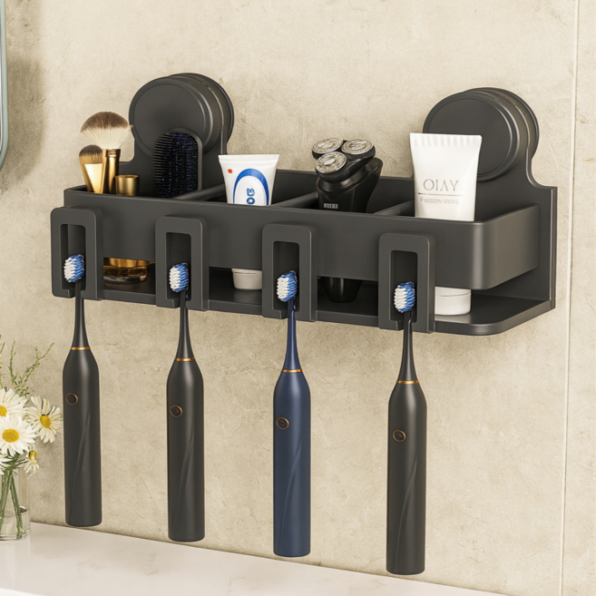 클레미엄 무타공 흡착식 우주 항공알루미늄 칫솔꽂이 칫솔걸이 스테인리스 컵꽂이, 4구, 그레이 4구, 1개