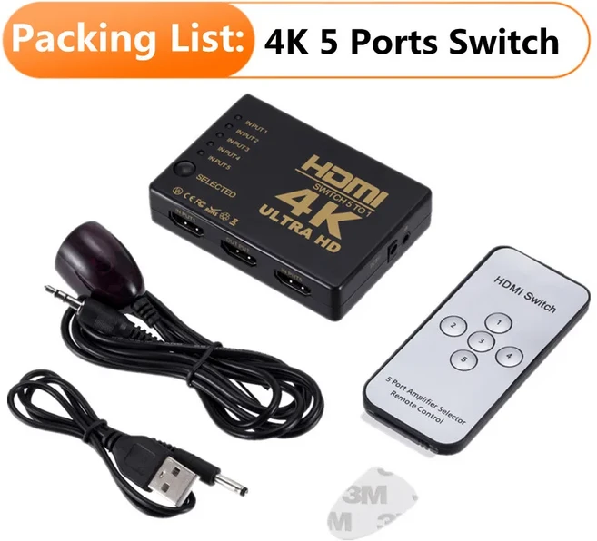 5포트 HDMI 호환 스위치 BOX HDSwitcher In 1 Out 용 리모컨이있는 3D 1080p 4k 선택기 분배기 허브, 01 4K 5 IN 1 OUT, 01 빠른