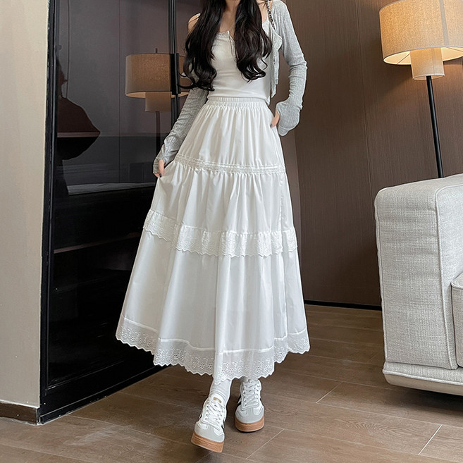 SAHINER 여성 레이스 플레어 롱 스커트 봄가을 하이웨스트 캉캉 AQZ52