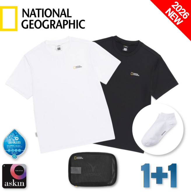 (매장정품) 1+1 내셔널지오그래픽 유니 메이스 반팔 티셔츠 남성 여성 화이트 블랙 스포닉스 양말 세트