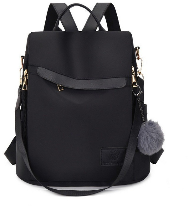 多功能女式雙肩包 防盜後背包 手提包, 黑色