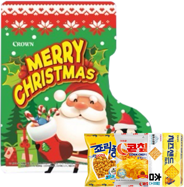 크라운 크리스마스 산타양말 과자 선물세트 (+놀러과자 물티슈 10매 증정), 1세트, 죠리퐁+콘칲+참알프스+치즈샌드