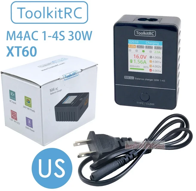 ToolkitRC M4AC 컬러 LCD 스크린 밸런스 충전기 방전기 RC 레이싱 드론 배터리용 2S -4S Lipo용 30W 2.5A TFT 인치, [02] M4AC XT60 EU, 1개