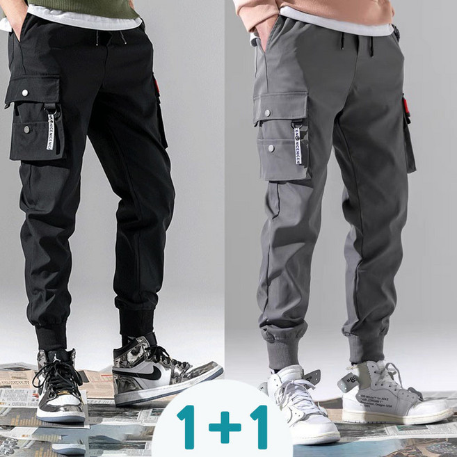 BIKASU 1+1 남자 캐주얼 카고 바지 빅사이즈 카고팬츠 스판 밴딩 조거 팬츠