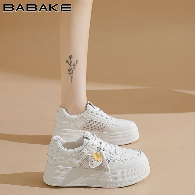 BABAKE 韓版厚底網面休閒運動小白鞋女, 1個, 白色37