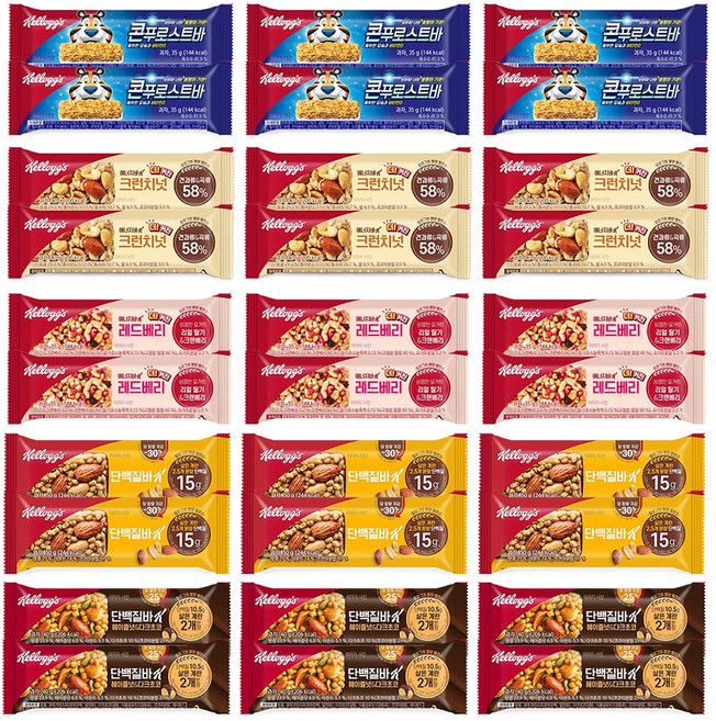 켈로그 콘푸로스트바 35g 6개+크런치넛 에너지바 40g 6개+레드베리 에너지바 35g 6개+프로틴바K 50g 6개+헤이즐넛 40g 6개, 200g, 6세트