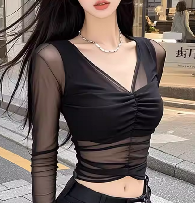 쌍천 여성 브이넥 망사 고탄력 숏탑 방송 댄스 재즈 라인댄스 크롭티 A26021011