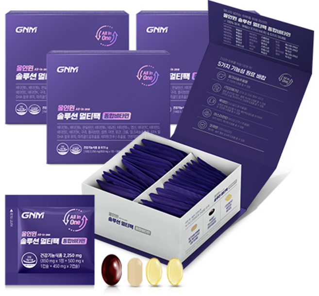 GNM 올인원 솔루션 멀티팩 종합비타민 / 한팩에 멀티 종합비타민+밀크씨슬+오메가3+루테인+코큐텐, 3개, 30회분