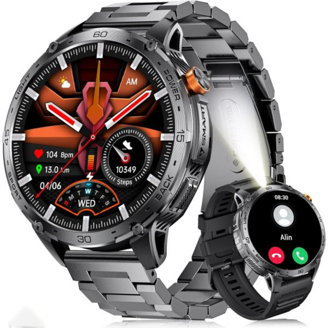 남성용 밀리터리 스마트워치(2밴드) 1000mAh/1.85인치 HD 대화면 스마트워치 손전등/110+ 스포츠 모드/수면 모니터 안드로이드 iOS용 트래커 워치 블랙