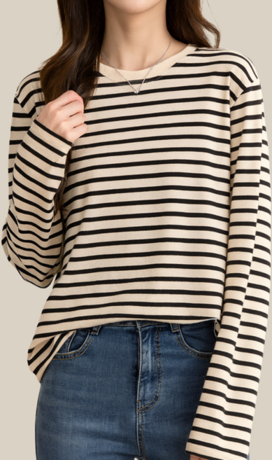 베리버터 스트라이프 라운드넥 긴팔 티셔츠