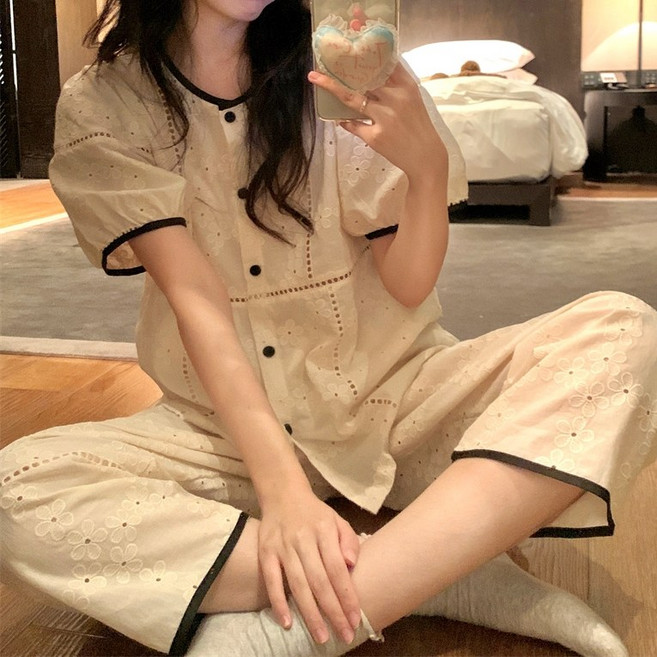 러빙리 제인수이 여성 잠옷 자수 펀칭 여름 반팔 파자마 긴바지 홈웨어 상하세트