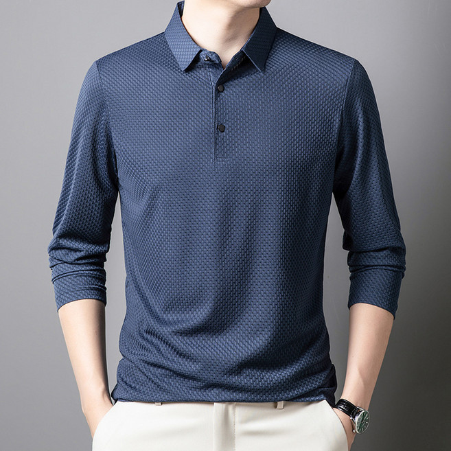 유레카 남성 아이스 실크 자카드 카라 긴팔 티셔츠 무다림질 링클프리