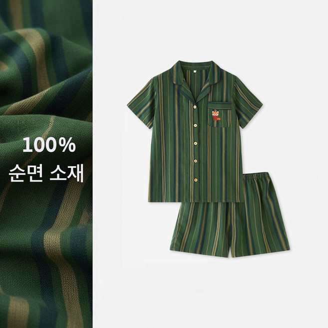 커플 여름 잠옷 세트 순면 이중거즈 반팔 반바지 통기성 편안한 홈웨어