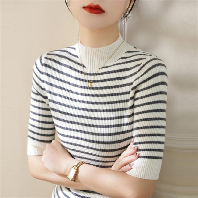 TKX 여성 봄 여름 스트라이프 반팔 반하이넥 니트 탑 슬림해 보인 출근룩 고급