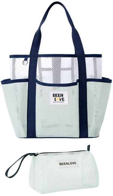 하이핀 8포켓 대용량 메쉬 수영가방 비치백 + 초경량 파우치 세트, 민트