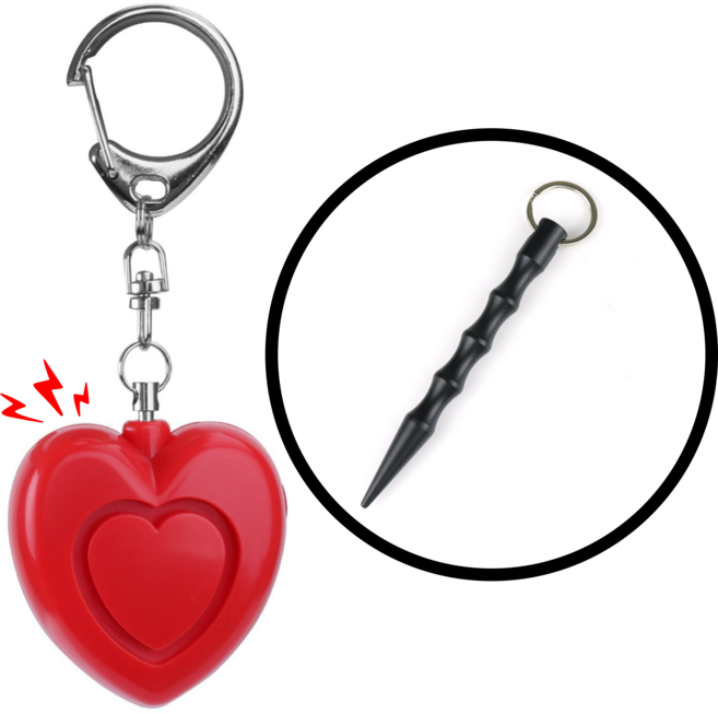 [프리크 호신용 경보기 키링형] 하트 모양 130dB 초고음 호신 용품 신변 보호 안전 휴대용 사이렌 호루라기 유괴 유아 여성 아동 납치 학교 학생 키링 키홀더, 하트형 경보기 (레드)+쿠보탄 (블랙)