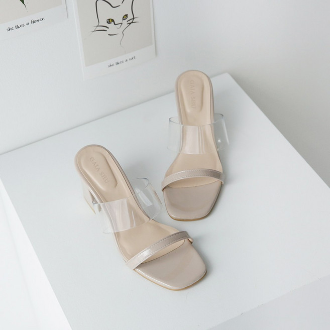 발편한 여름 투명 스트랩 뮬 힐 8cm 여성 슬리퍼