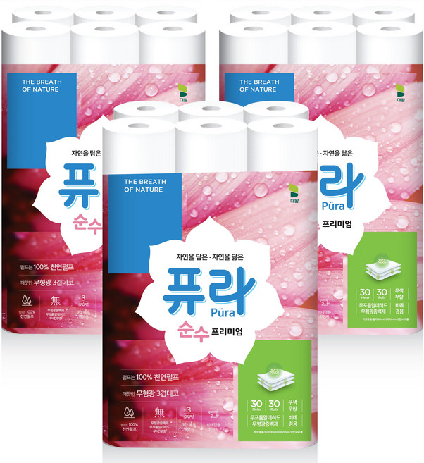 퓨라 순수 프리미엄 천연펄프 화장지 3겹 30m 30롤 3팩 총 90롤, 3개