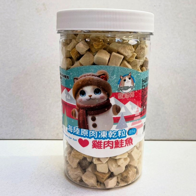 四寶的店 歐姆貓 OMO 雞肉+鮭魚 85g 罐裝 海陸原肉凍乾粒 貓零食 寵物零食 寵物點心 凍乾 原肉 貓咪 凍乾 點心, 80g, 1個, 雞肉鮭魚