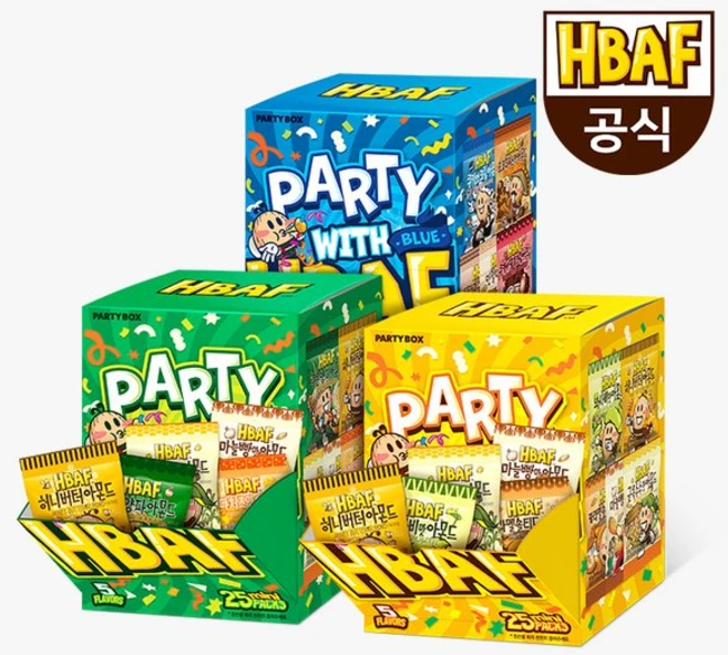 HBAF 바프 아몬드 파티박스 옐로우그린블루 허니버터 등 5가지맛 20g X 25봉, 1세트 파티박스 블루 (허니버터/카라멜/쿠키앤크림/인절 - 쿠팡