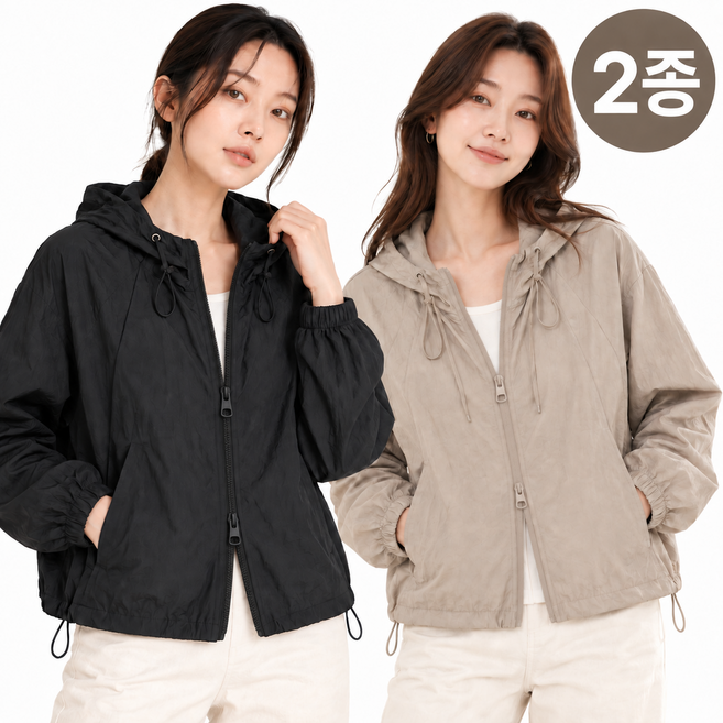 제이스토어 여성 간절기 바람막이 후드 투웨이 집업 자켓 2종세트