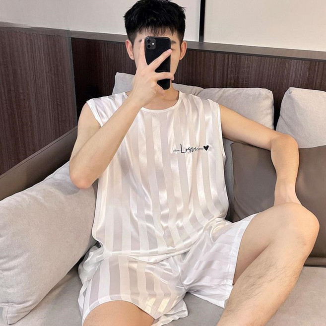VEZRI 남성 여름 초슬림 초부드러운 아이스 실크 홈웨어 루즈핏 편안함 F88