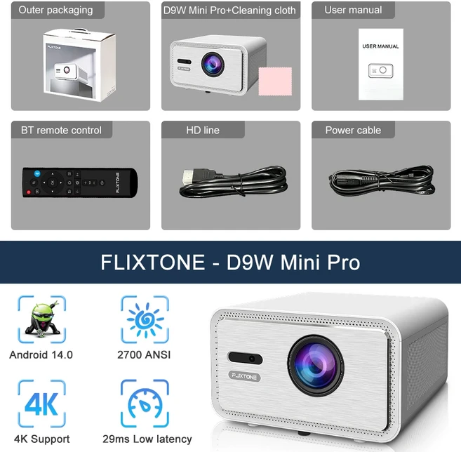플릭스톤 D9W 미니 프로 2700 ANSI 빔 프로젝터 4K 풀HD 1080P 영화 홈 게임 비디오 안드로이드 스마트, 02 D9W MINI Pro