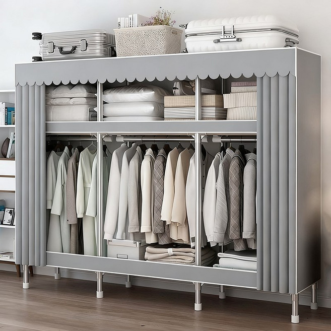 [시스슈] 강관 굵게 업그레이드 간편 천옷장 - 살커튼 수납더블 사이즈 조립식 옷장, 회색