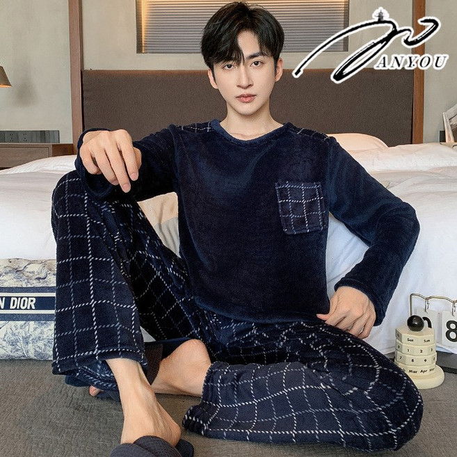 ANYOU 남성 가을 겨울 기모잠옷 루즈핏 상하세트 극세사 파자마 수면잠옷