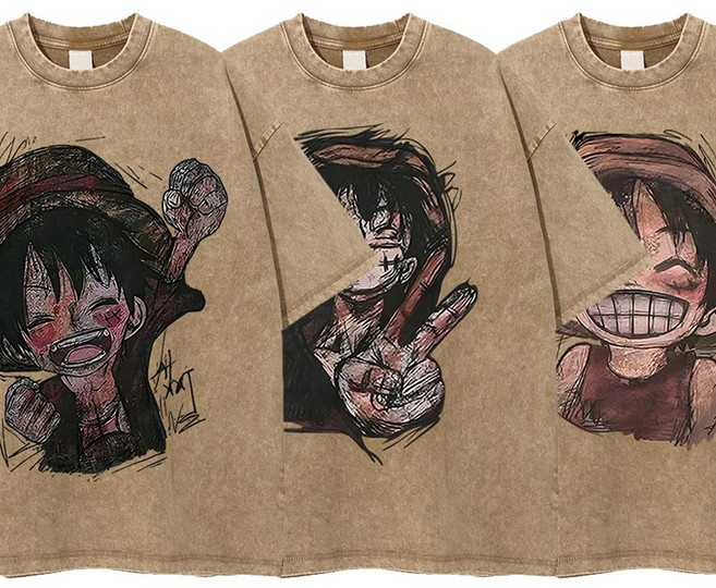 루피 페인팅 브라운 빈티지 반팔티 105-110 만화 원피스 캐릭터 코스프레 프린팅 티셔츠