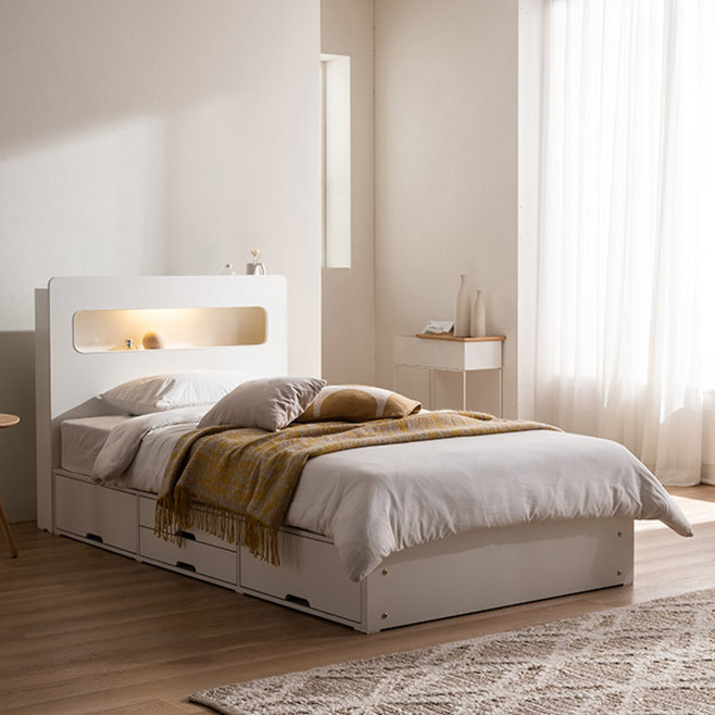 [삼익가구] 레이즈 LED 4단 수납 침대 슈퍼싱글 퀸 SS Q 일반 독립스프링 라텍스, 화이트