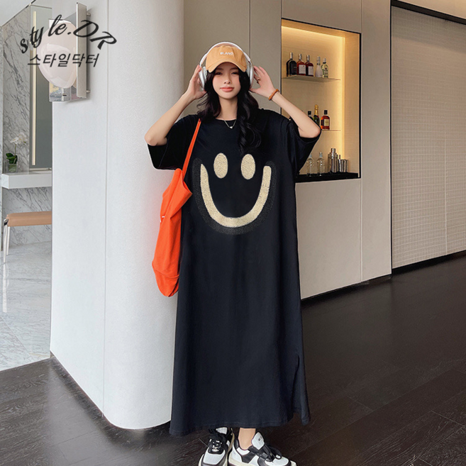 스타일닥터 여름 여자 원피스 베케이션 빅사이즈 롱 티셔츠 스마일 패턴 루즈핏