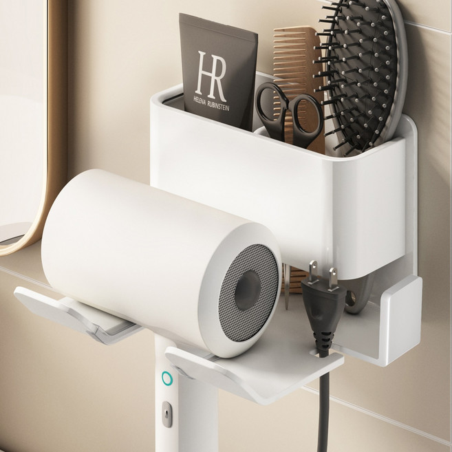 에스위두 무타공 수납형 강력접착 기스방지 선정리 프리미엄 드라이기 거치대, 1개, 화이트