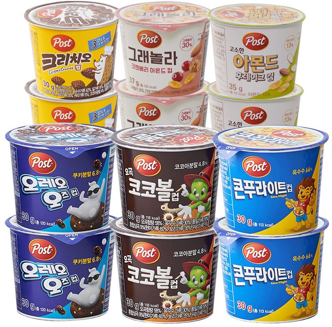 포스트 컵시리얼 6종 12개(콘푸라이트x2 +코코볼x2 +오즈x2 +아몬드x2 +크랜베리x2 +크리치오x2), 12개, 1g