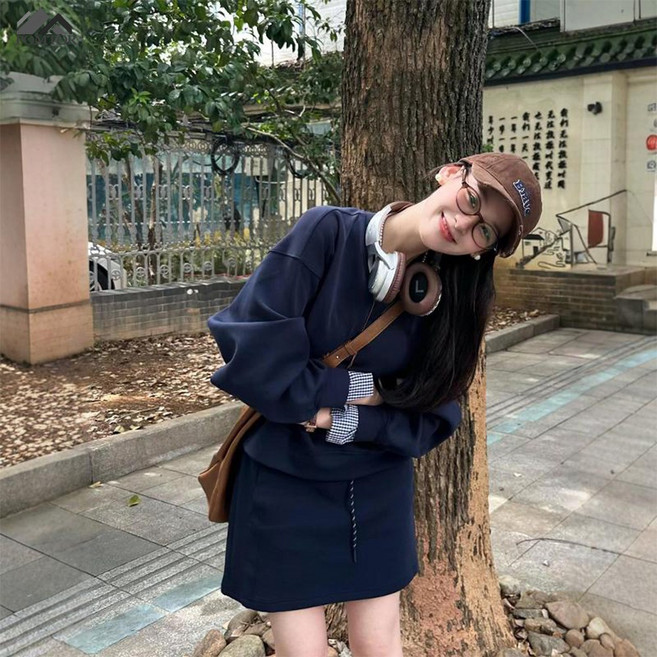 POMTOR 여성 루즈핏 트레이닝 긴팔 코트+스커트 세트