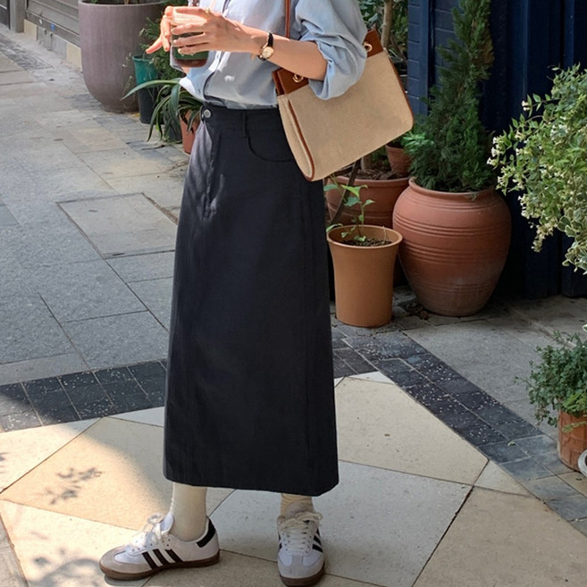 H라인 코튼 뒷 트임 롱 스커트 슬릿 치마 캐주얼