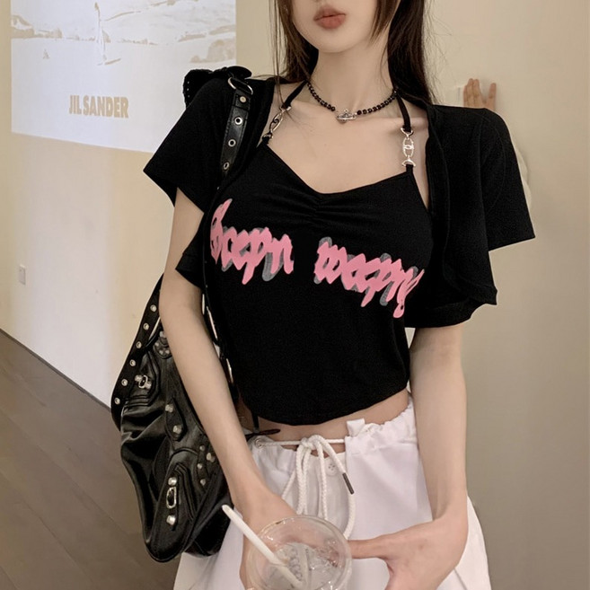 cammello 블랙&핑크 체인 끈나시 + 반팔 가디건 세트