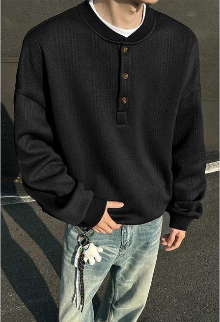 肌理感長袖男士上衣 寬鬆休閒亨利領打底衫