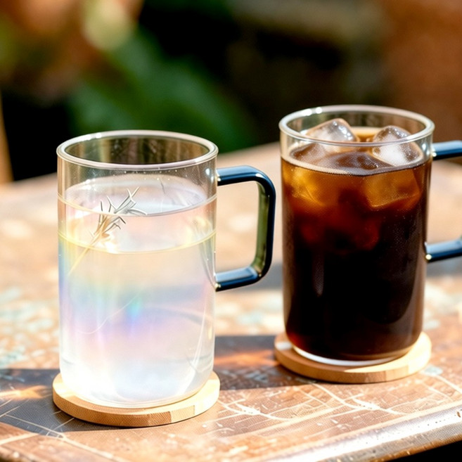 Marine 내열 손잡이 유리컵 머그 커피컵, 2개, 투명