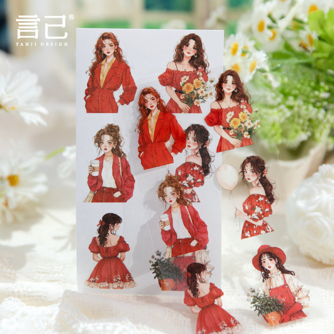 올리브파티 플로잉라이프 시리즈 소녀 인물 빈티지 다꾸 감성 스티커북 세트, 1개, 레드