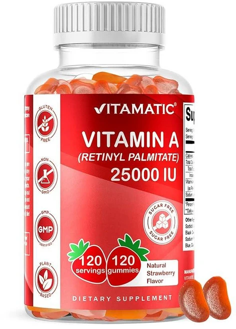 Vitamatic 무설탕 비타민 A 25000 IU 젤리 (레티닐 팔미테이트) - 천연 딸기 맛 - 펙틴 기반 젤리 120개(1병), 1개, 120정 - 쿠팡