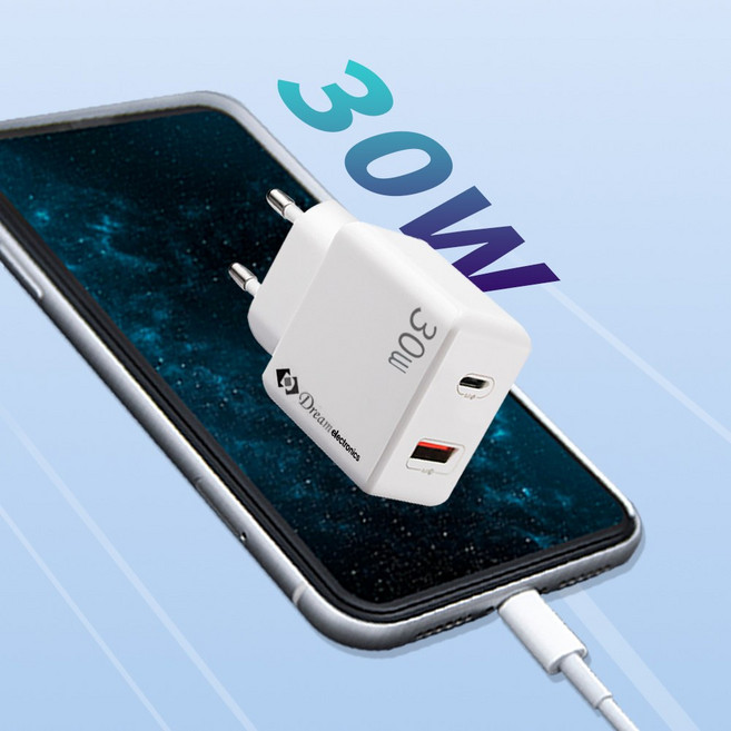 드림전자 30W PD 초고속 충전기 어댑터 + C타입 고속 충전 케이블 세트 갤럭시 아이폰 아이패드 최대속도, 화이트, 1개