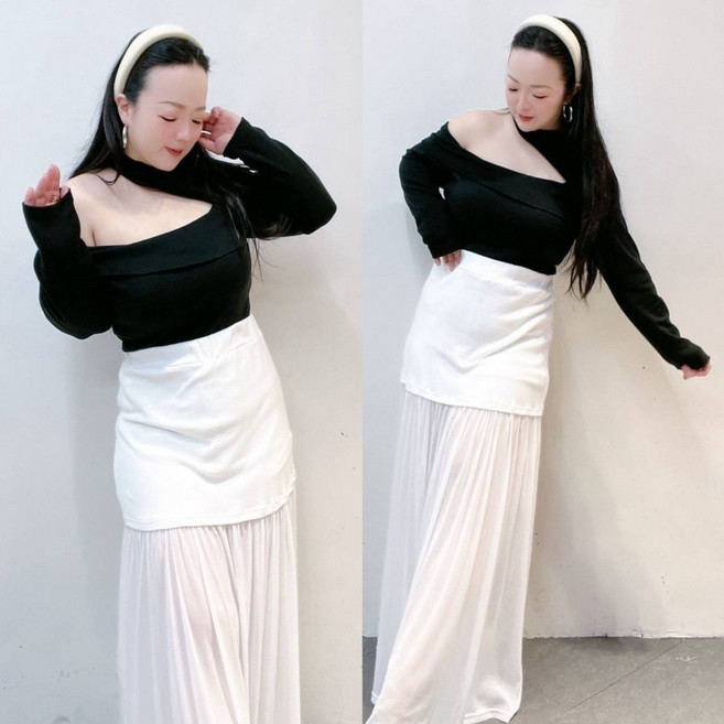 雪莉小姐 不對稱挖洞單邊鎖骨長袖上衣 L-90kg 四色, 黑
