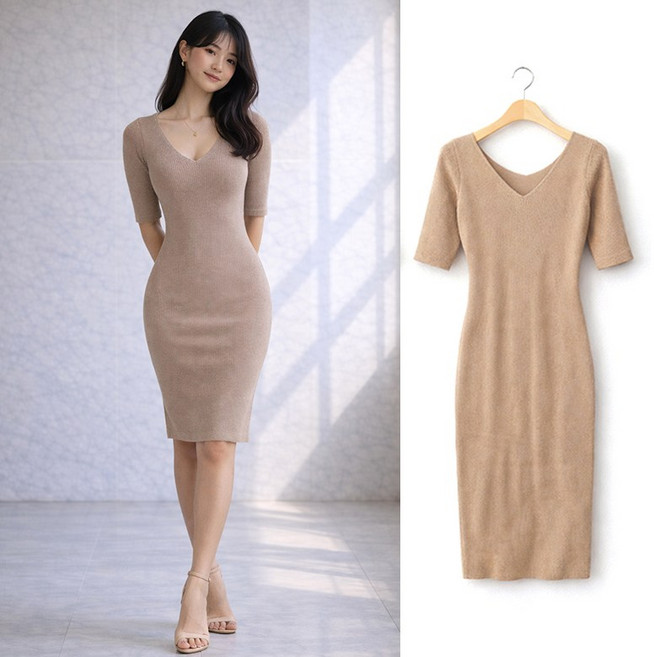 VERIT 글램 브이넥 5부 반팔 슬림핏 원피스 골지 미디 드레스 VT931
