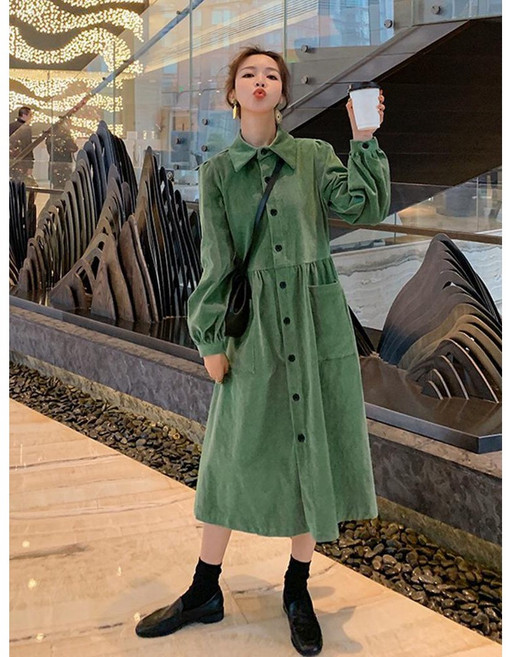 가을겨울 빈티지 롱스커트 기질 코듀로이 긴팔 셔츠 원피스 Whr2164